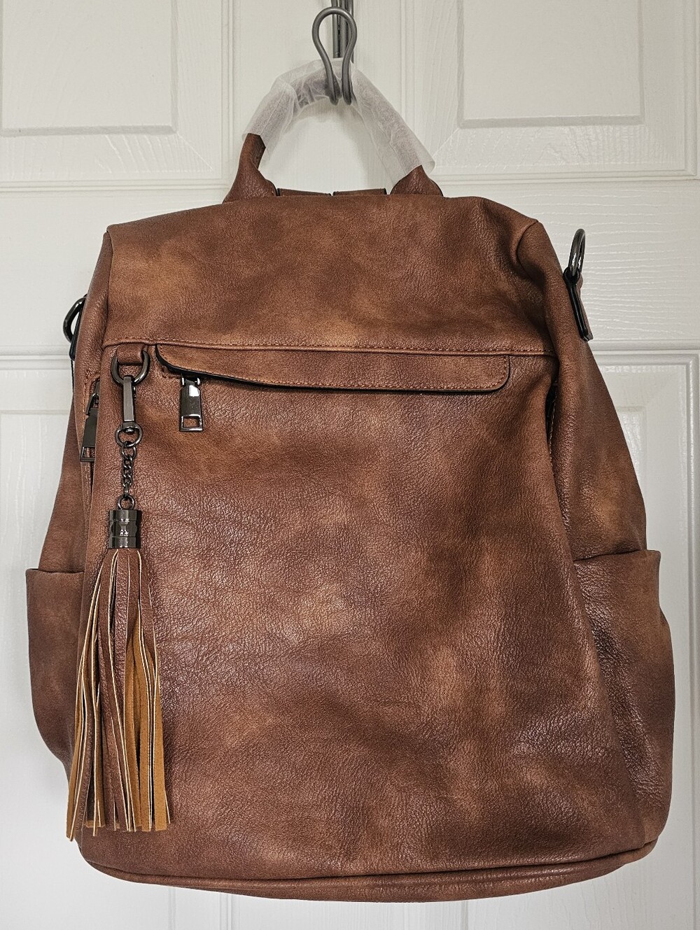 Brown Tan Faux Leather Backpack - Casual Everyday Bag
